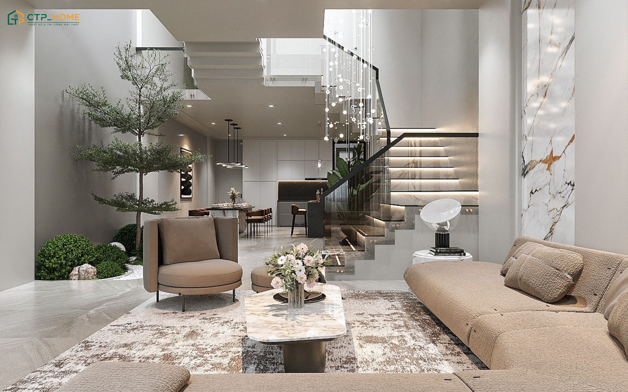 Mẫu phòng khách liền thông với phòng bếp 25m2 cho nhà ống sẽ sử dụng cầu thang để phân chia ranh giới