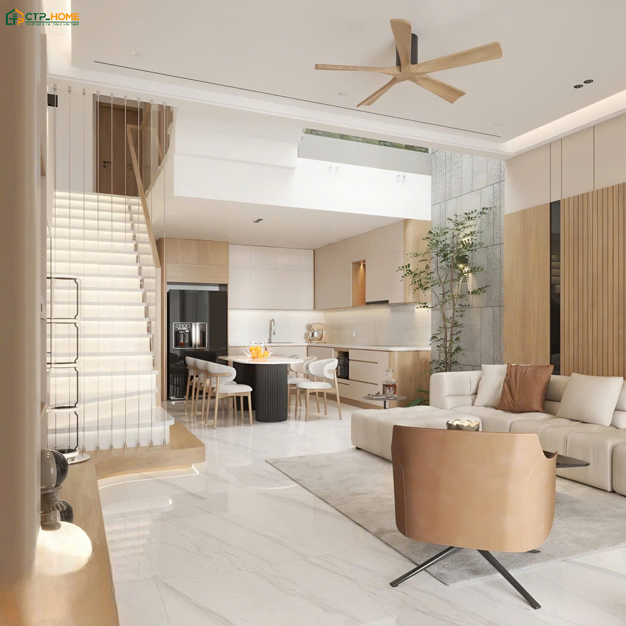 Phân chia phòng khách liền bếp 30m2 hợp lý giúp đáp ứng đầy đủ nhu cầu sử dụng hằng ngày