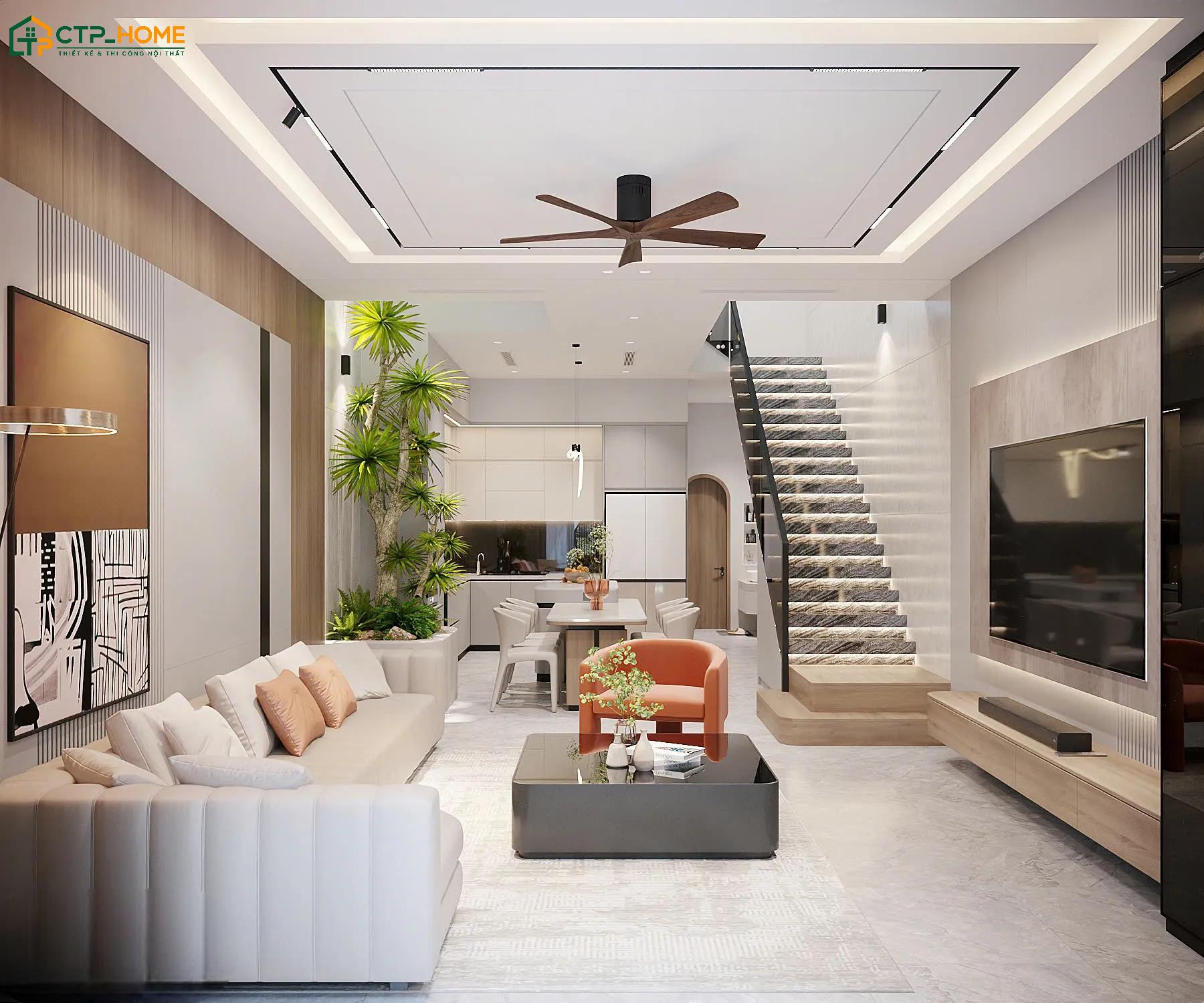Việc kết hợp ánh sáng tự nhiên và nhân tạo sẽ giúp phòng khách liền phòng bếp 30m2 luôn sáng sủa