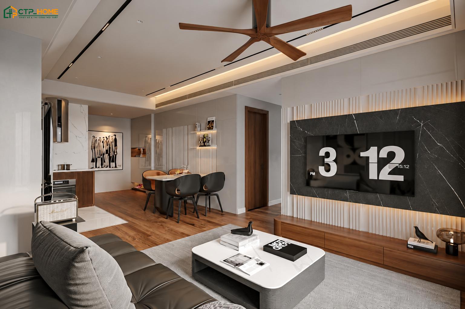 Mẫu thiết kế phòng khách liền thông phòng bếp 30m2 hiện đại thường ưu tiên nội thất nhỏ gọn