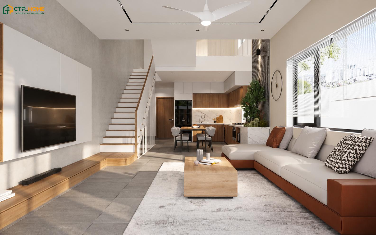 Mẫu phòng khách liền bếp 30m2 sử dụng gam màu trung tính sẽ mang đến vẻ đẹp nhẹ nhàng