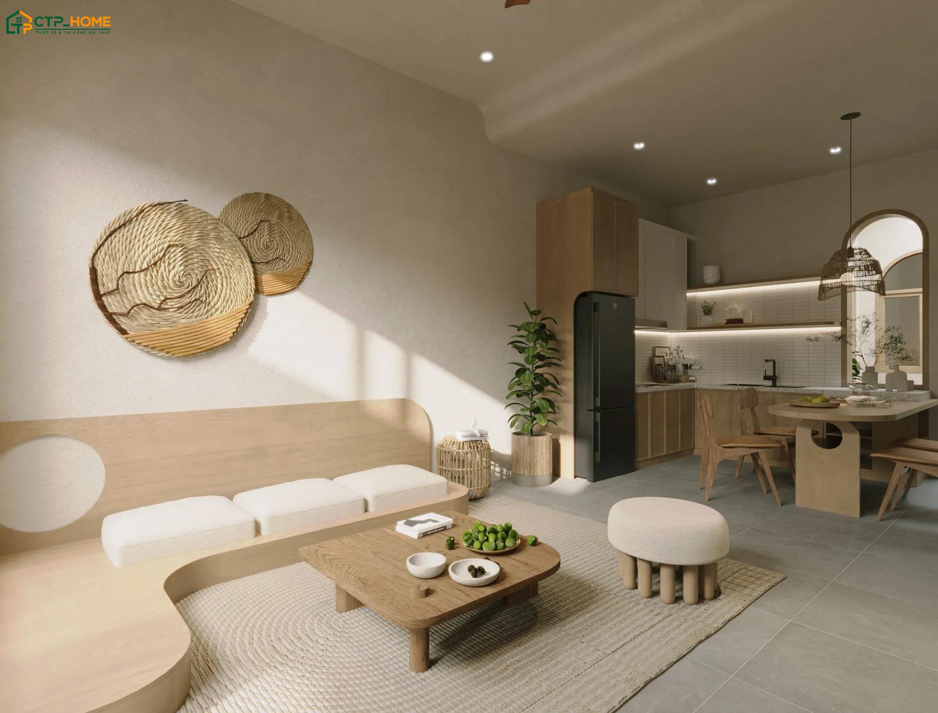 Mẫu phòng khách liền bếp diện tích 30m2 chú trọng cách bố trí khoa học để tối ưu công năng sử dụng