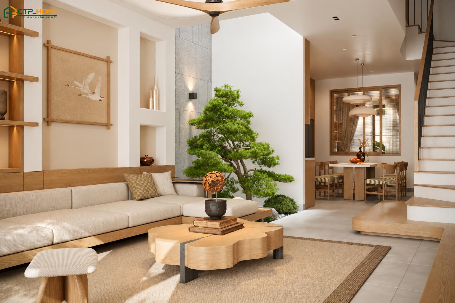 Mẫu thiết kế phòng khách liền bếp 30m2 với nội thất gỗ tự nhiên sẽ mang đến cảm giác gần gũi