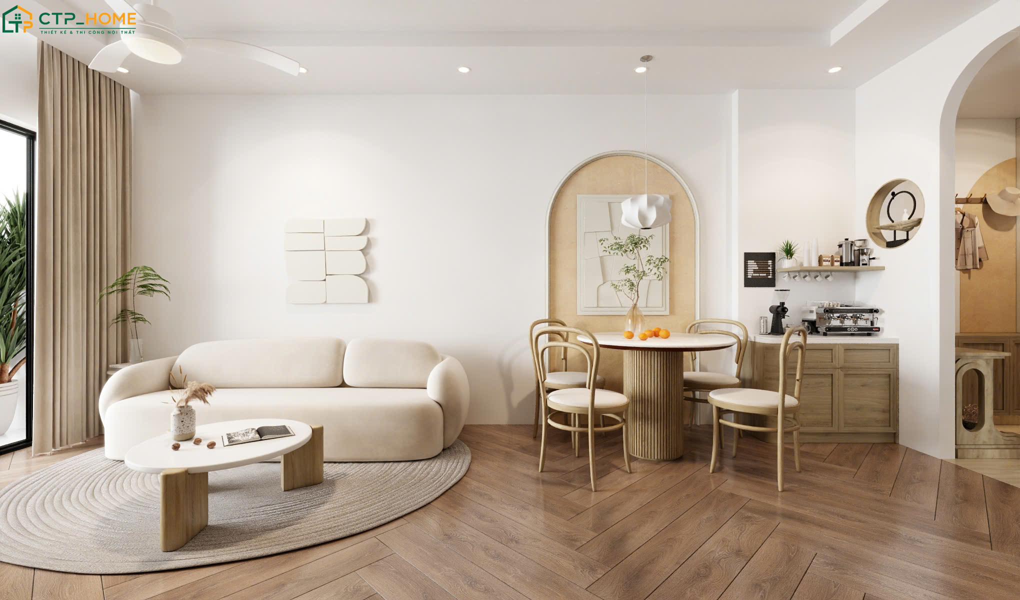 Mẫu thiết kế phòng khách liền thông với bếp và bàn ăn 30m2 giúp tạo sự thuận tiện khi sử dụng