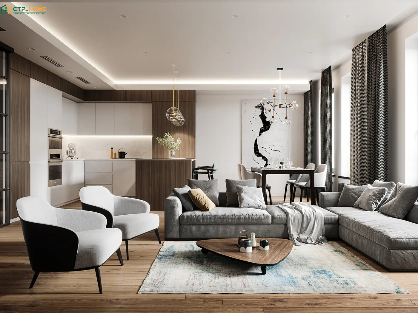 Mẫu thiết kế phòng khách liền phòng bếp 40m2 cho chung cư thường sử dụng gam màu tươi sáng và nội thất tối giản