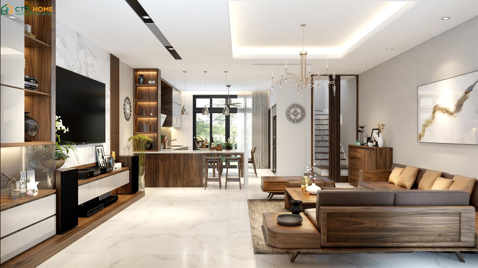 Mẫu thiết kế nội thất phòng khách liền thông với phòng bếp 40m2 cho biệt thự thường ưu tiên nội thất cao cấp