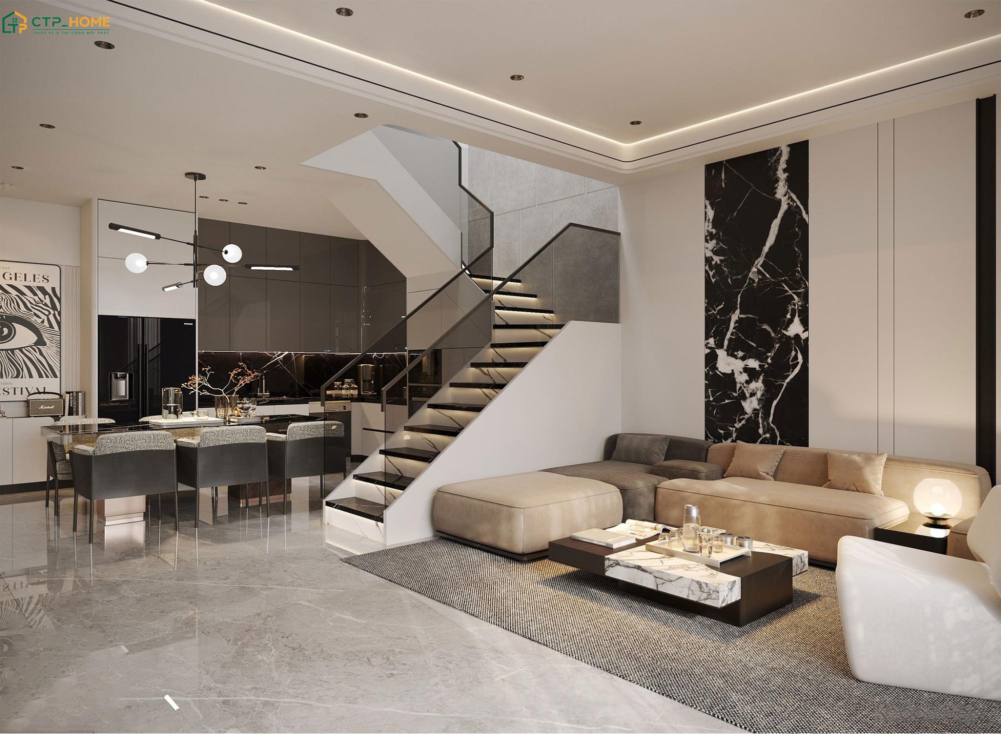Mẫu phòng khách liền bếp 40m2 cho biệt thự sẽ tập chung vào sự kết hợp hài hoà giữa ánh sáng và vật liệu