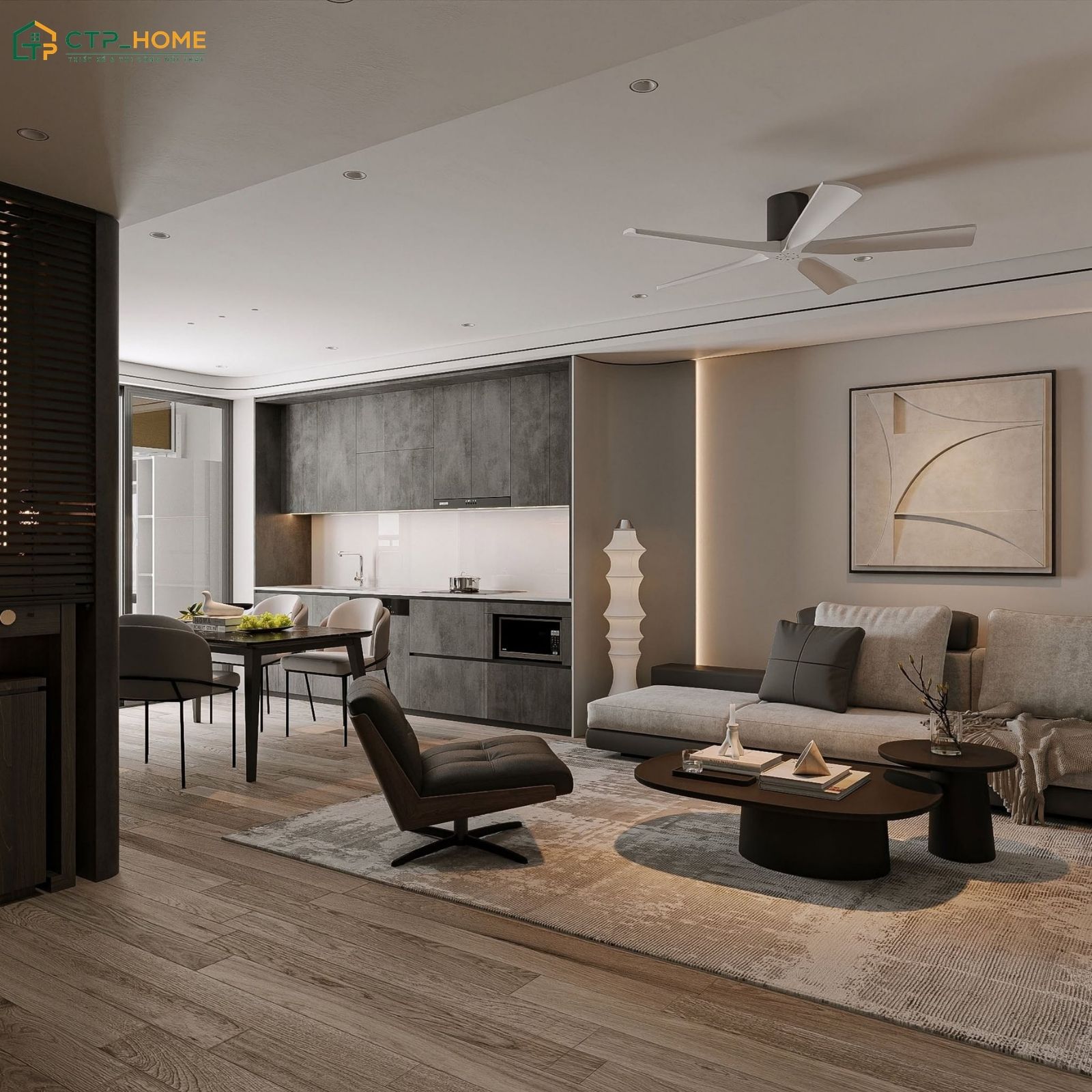 Việc cân đối giữa ánh sáng tự nhiên và nhân tạo sẽ giúp phòng khách liền phòng bếp 40m2 luôn sáng sủa