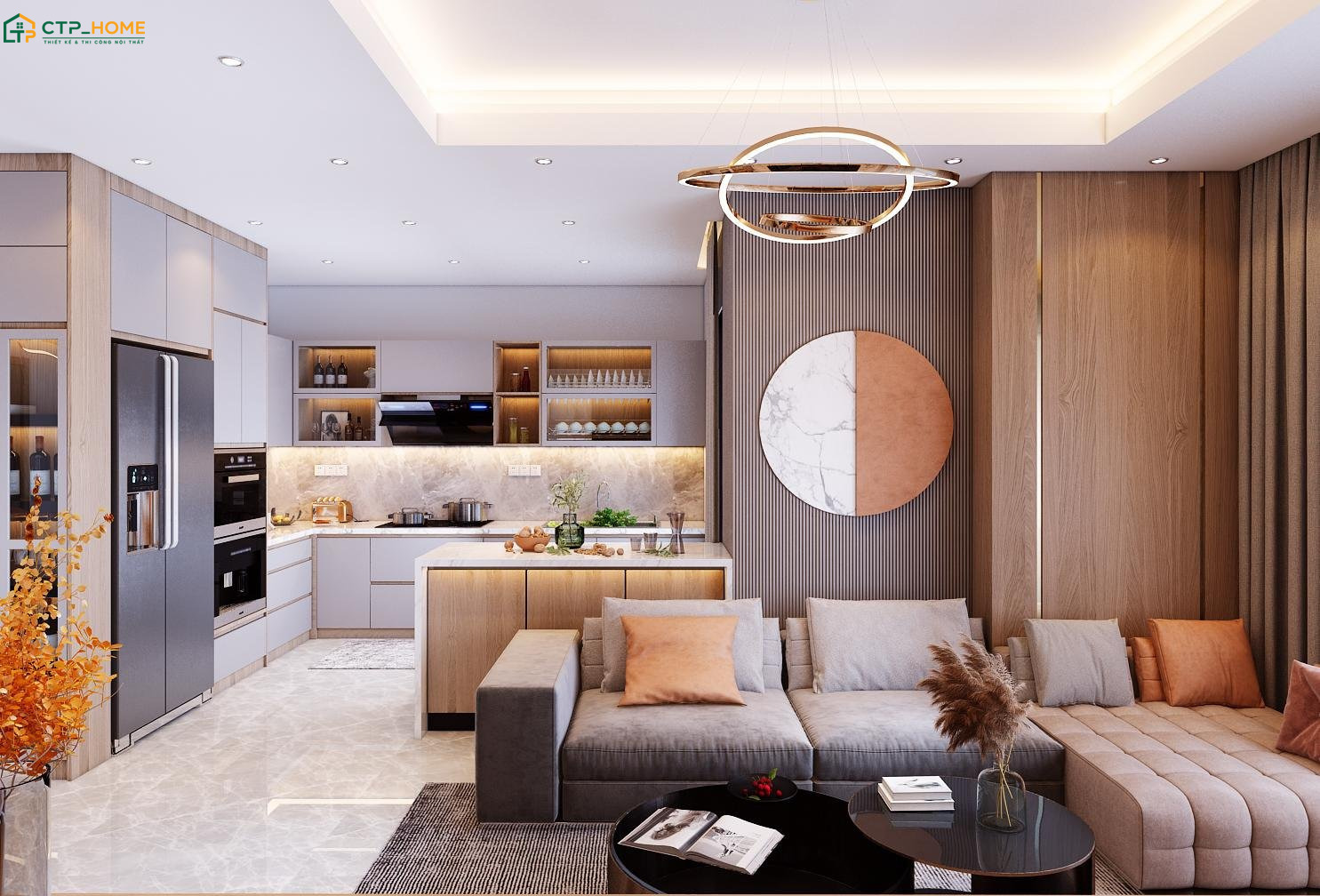 Phòng khách liền phòng bếp 40m2 nên trang bị hệ thống hút mùi phù hợp để giữ được sự thông thoáng