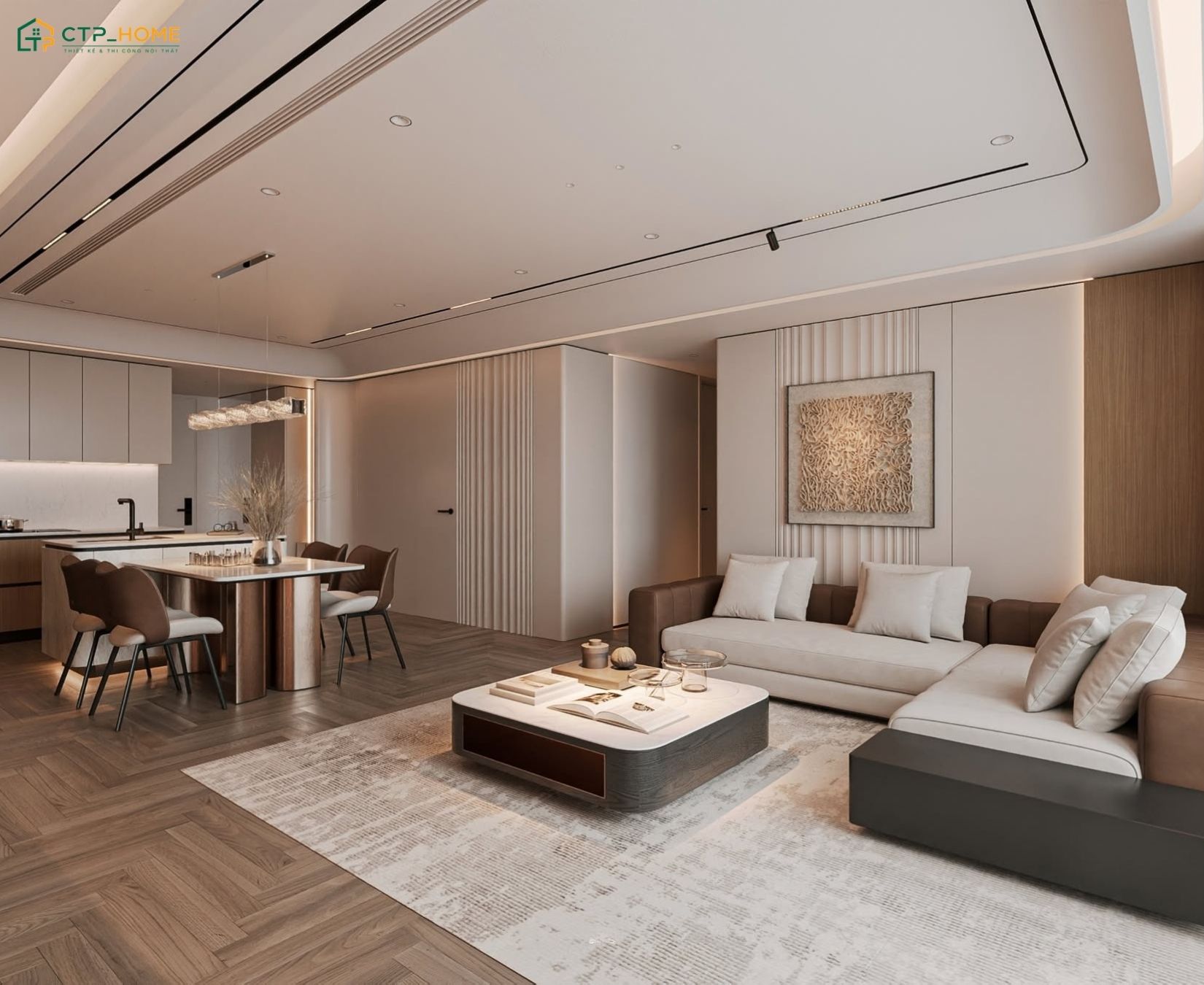 Mẫu thiết kế nội thất phòng khách liền phòng bếp 40m2 với không gian rộng rãi nhưng vẫn đảm bảo tiện nghi
