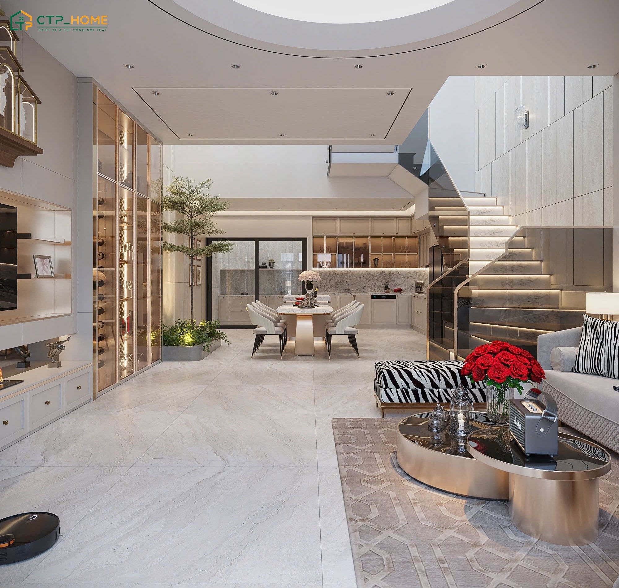 Mẫu thiết kế phòng khách liền bếp 40m2 cho nhà ống thường bố trí không gian theo chiều dọc để tối ưu diện tích