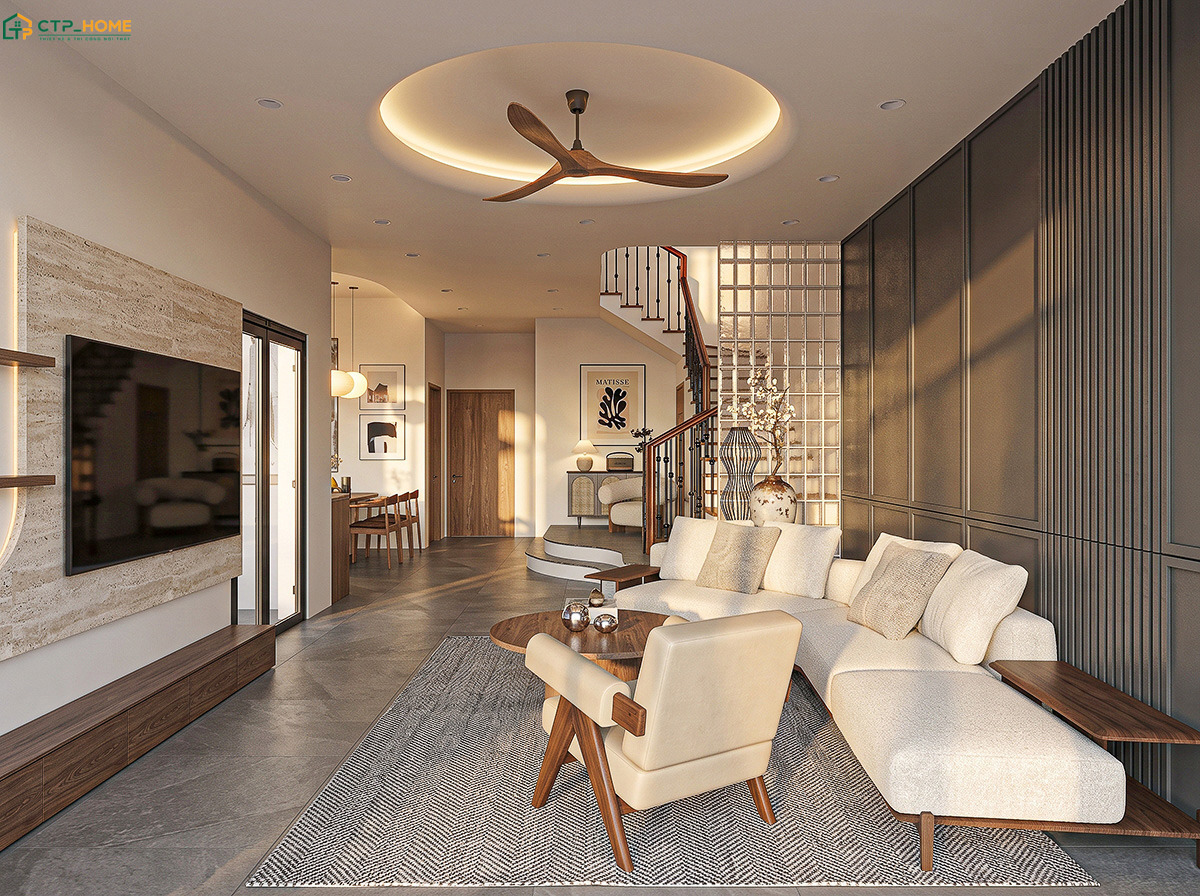 Mẫu phòng khách liền thông phòng bếp 40m2 cho nhà ống thường ưu tiên tận dụng tối đa nguồn ánh sáng tự nhiên