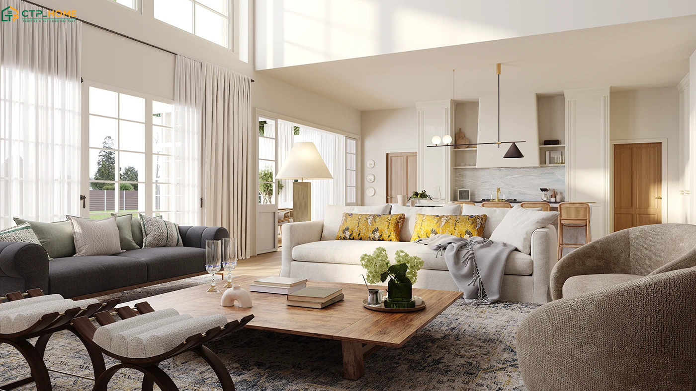 Mẫu phòng khách liền bếp 40m2 cho nhà cấp 4 sẽ sử dụng nội thất gỗ sáng màu để tạo cảm giác gần gũi, ấm cúng