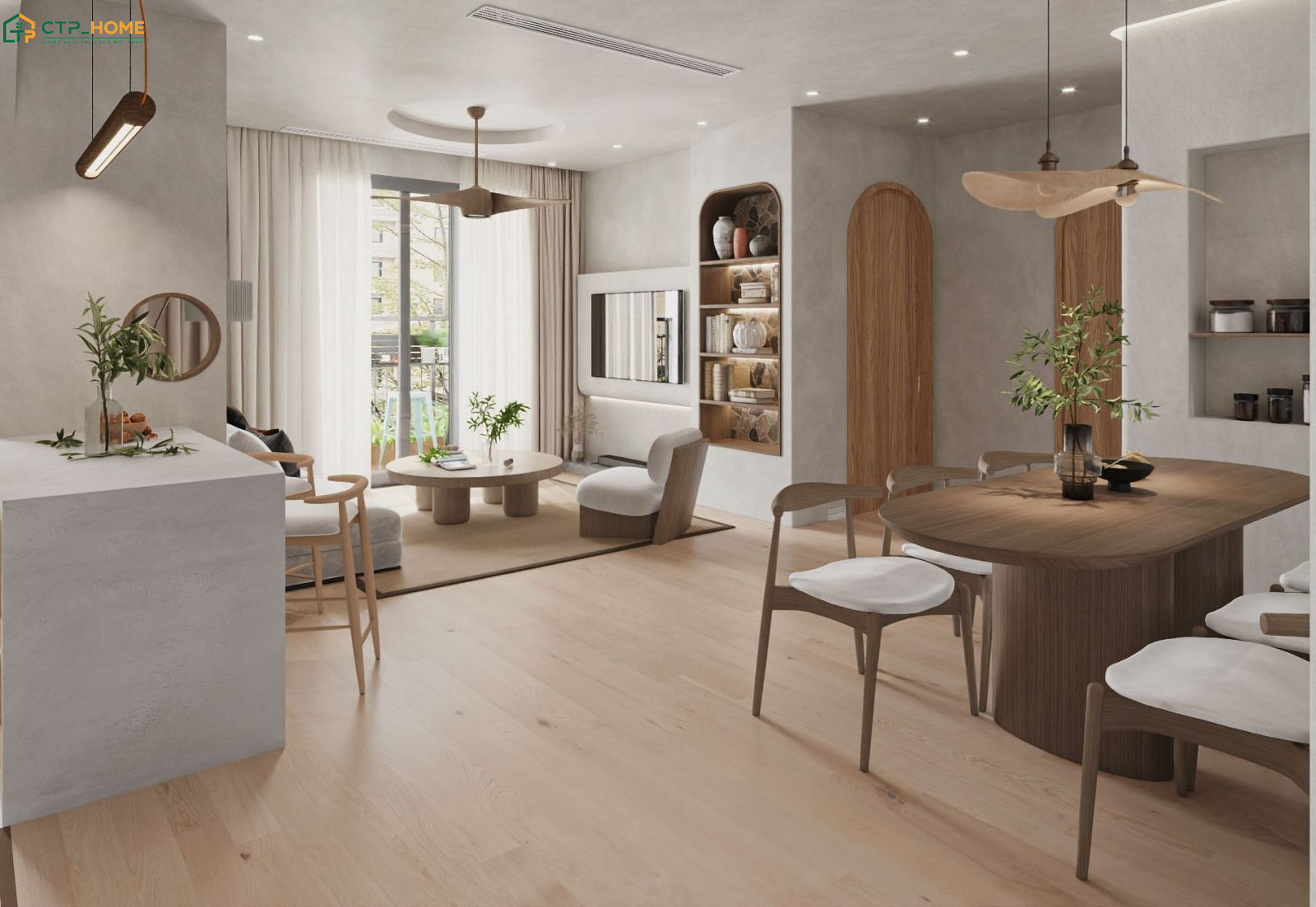 Mẫu phòng khách liền thông với phòng bếp 40m2 cho nhà cấp 4 thường bố trí bàn ăn ở giữa để tạo sự kết nối