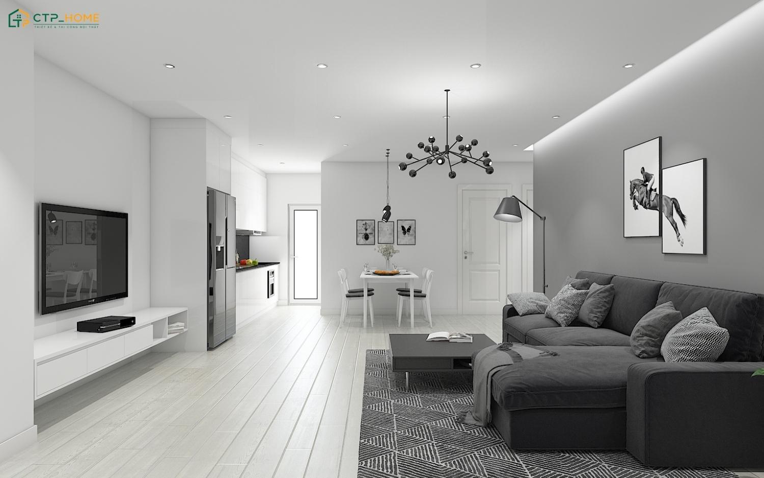 Khi thiết kế phòng khách tone màu xám thì gia chủ cần bố trí nội thất cân đối để giữ lối đi luôn thông thoáng