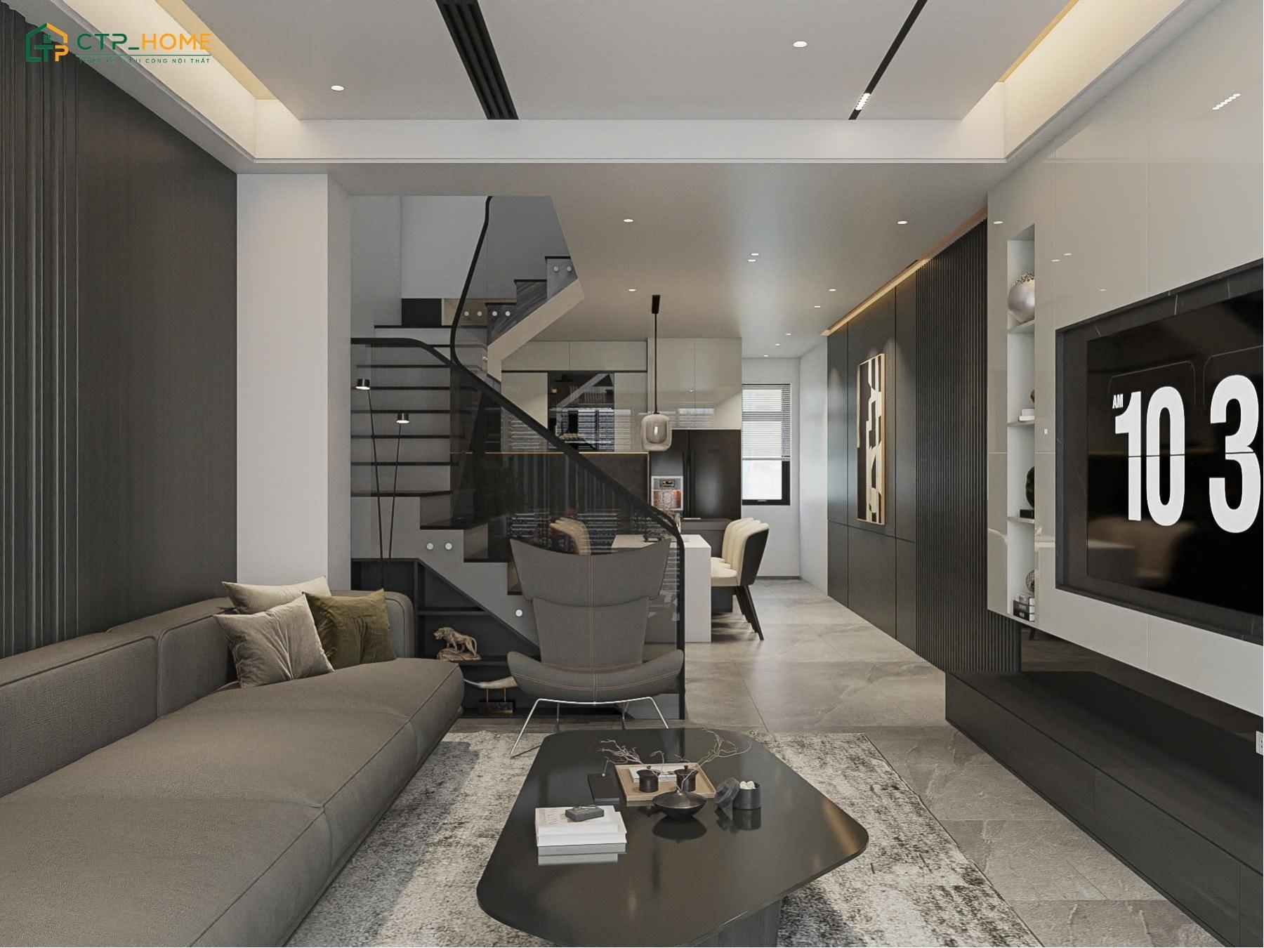 Sofa màu trắng kem kết hợp cùng bàn trà đen và vách tường vân đá sẽ giúp tôn lên vẻ đẹp sang trọng, tinh tế