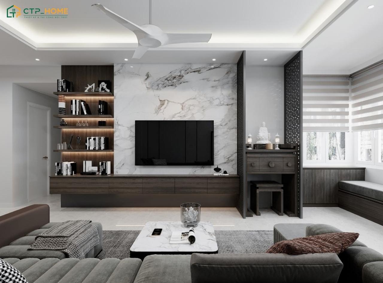 Mẫu thiết kế phòng khách màu xám ghi sang trọng thường sử dụng vách tivi ốp đá vân mây để tạo điểm nhấn