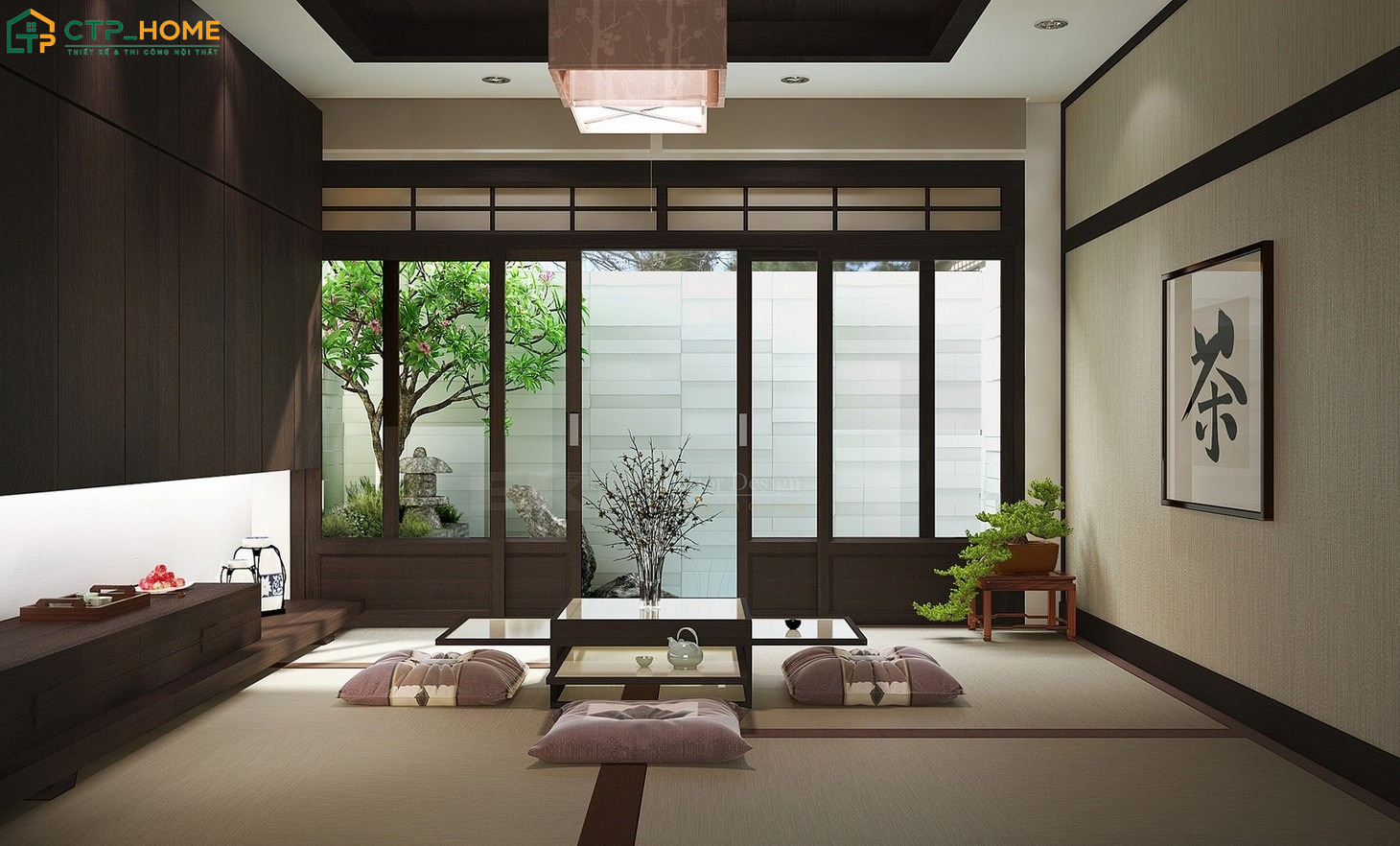 Mẫu phòng khách ngồi bệt Trung Quốc nổi bật với gam màu trầm ấm và cách bài trí nội thất cân đối