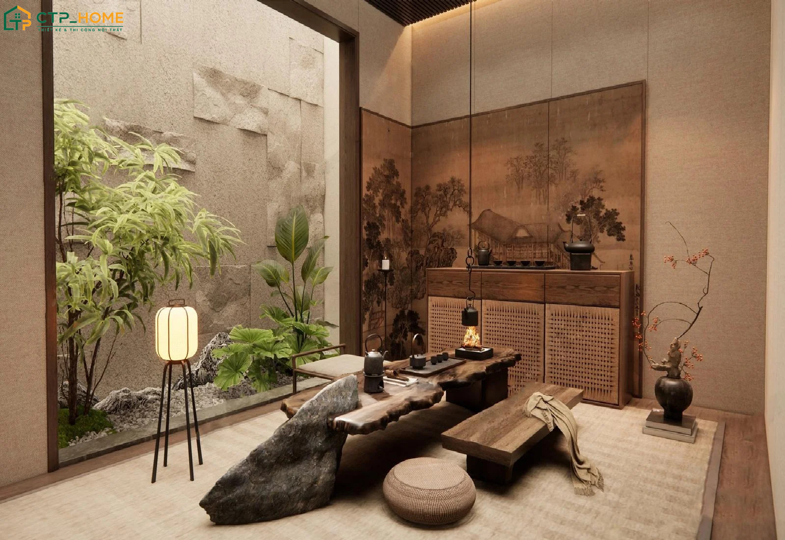 Phong cách tối giản thường sẽ sử dụng thảm và đệm ngồi để tạo điểm nhấn cho không gian tiếp khách