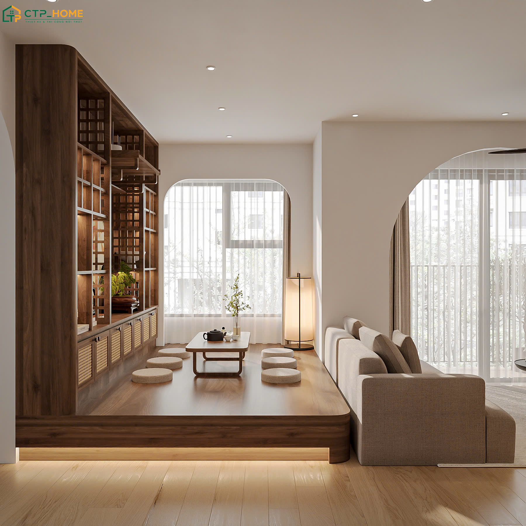 Phòng khách sẽ được bố trí với đệm ngồi và nội thất kiểu dáng đơn giản để mang đến vẻ đẹp hiện đại
