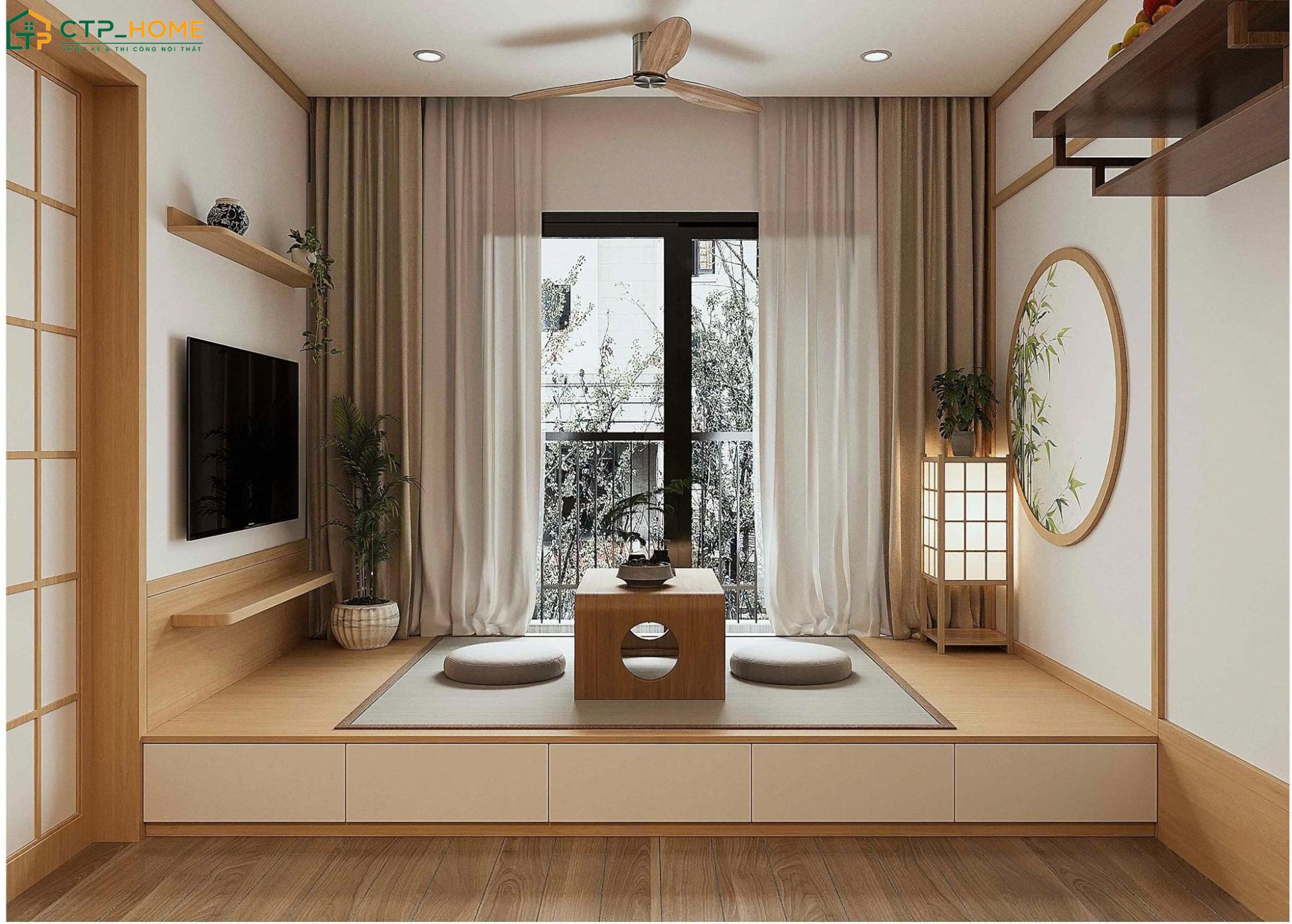 Mẫu phòng khách ngồi bệt phong cách Nhật Bản thường chỉ sử dụng bàn trà thấp và đệm ngồi đơn giản