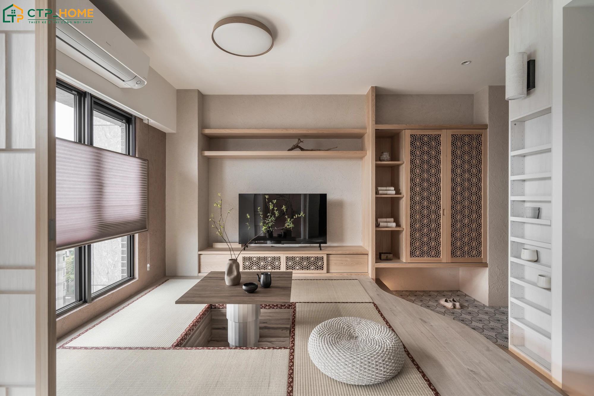 Mẫu dự án thiết kế phòng khách ngồi bệt do CTP Home thực hiện với cách bố trí nội thất gọn gàng