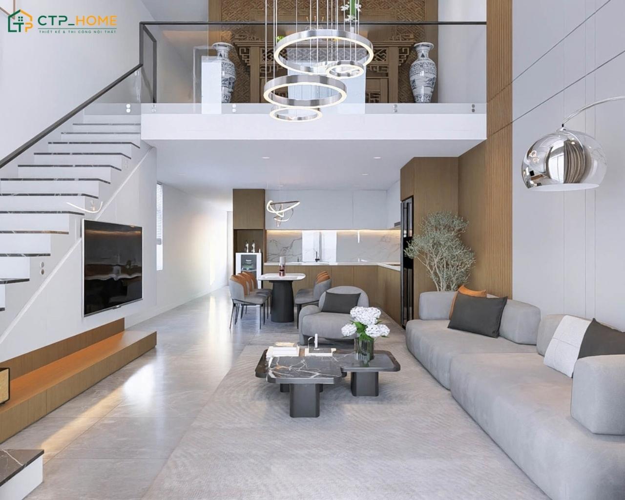 Phòng khách gác lửng thường sử dụng chất liệu tự nhiên và gam màu sáng để đảm bảo sự hài hòa
