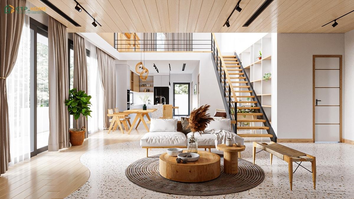 Thiết kế phòng khách có gác lửng Bắc Âu với nội thất gỗ sáng màu sẽ tạo cảm giác gần gũi