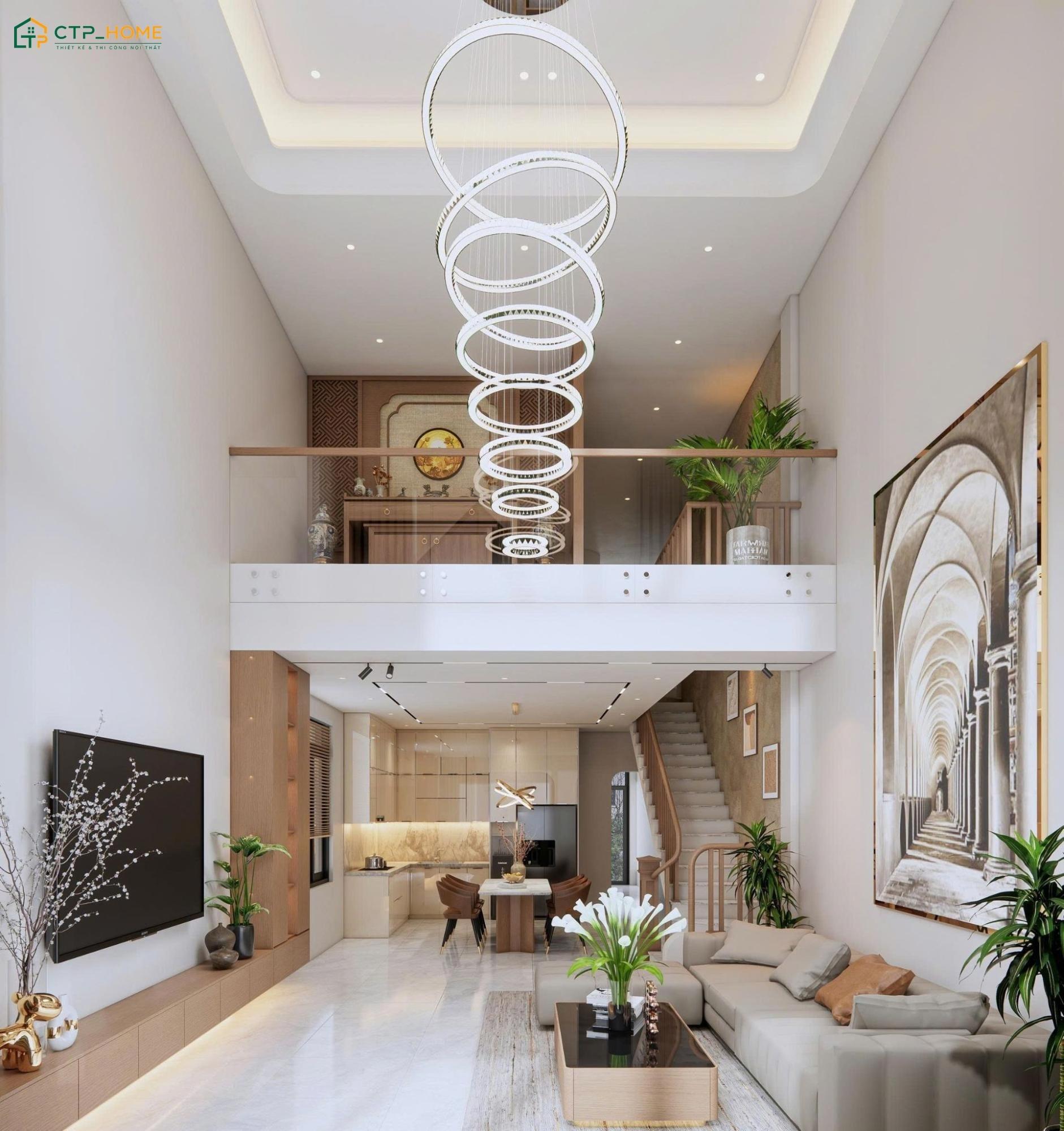 Khi thiết kế phòng khách nhà gác lửng thì nên tận dụng chiều cao trần để đảm bảo sự thông thoáng