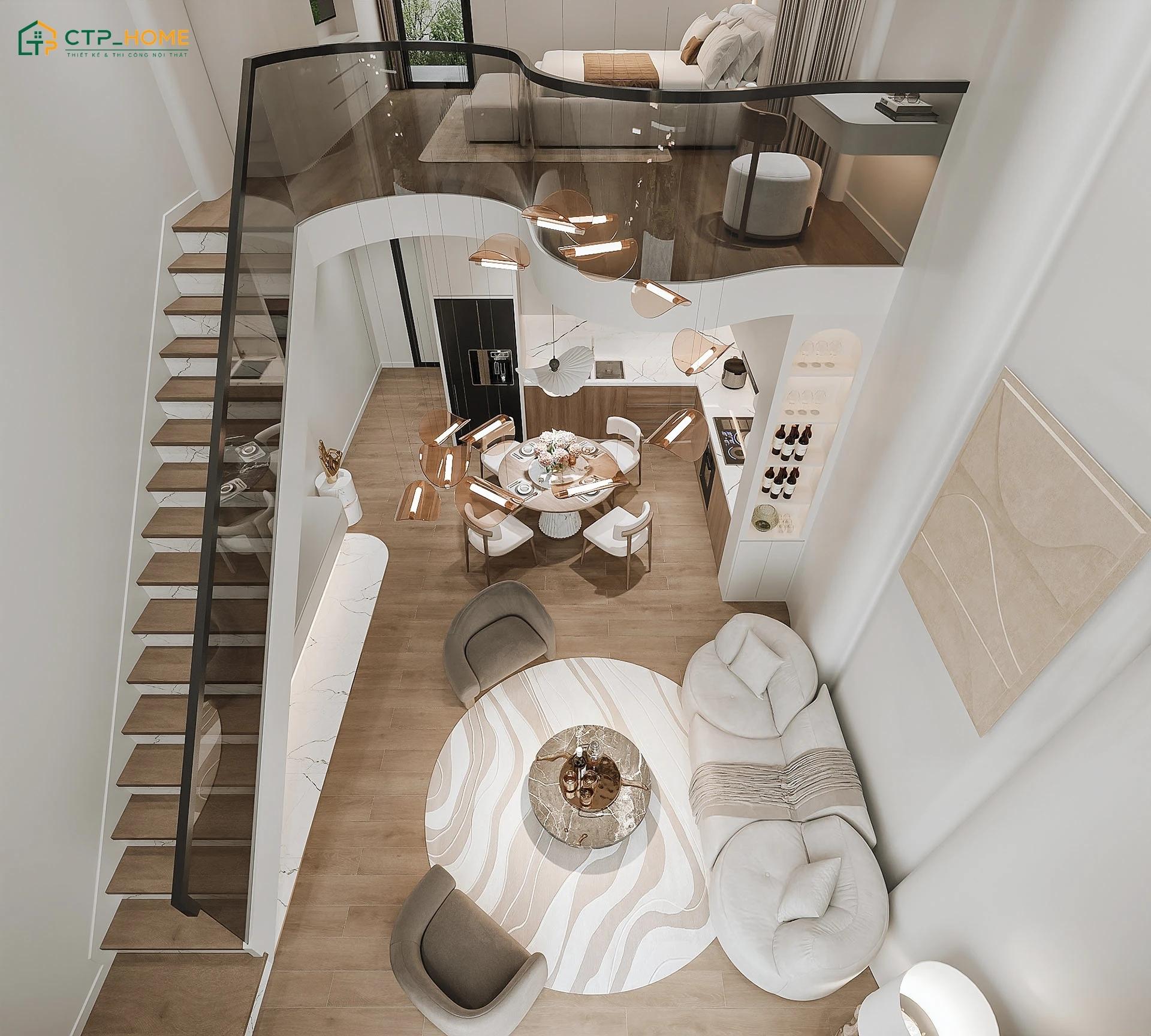Khi thiết kế phòng khách có gác lửng thì gia chủ nên ưu tiên đồ nội thất nhỏ gọn để tối ưu diện tích