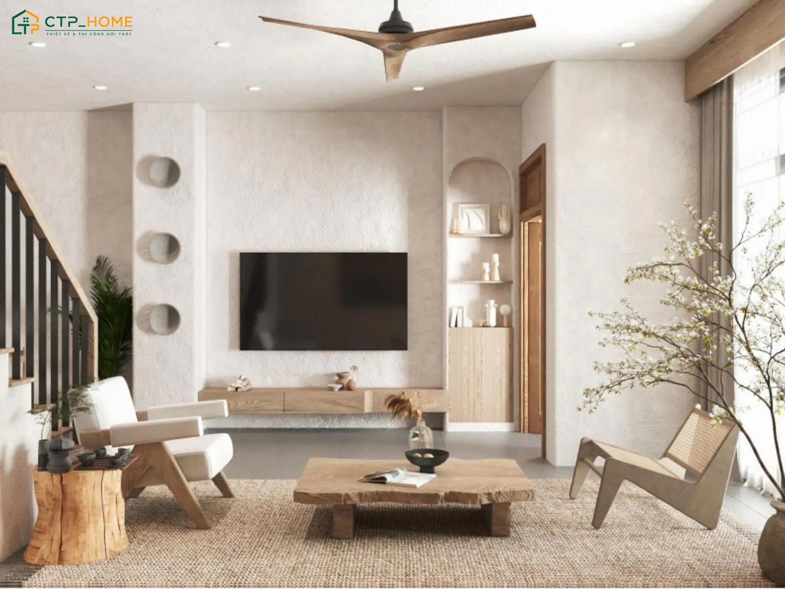 Mẫu phòng khách nhà ống 5m có cầu thang Wabi Sabi nổi bật với vẻ đẹp nhẹ nhàng và mộc mạc