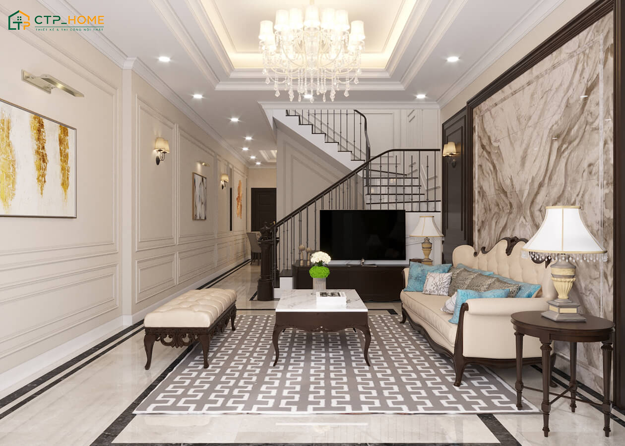 Mẫu phòng khách nhà ống 5m kết hợp cầu thang tân cổ điển mang đến một không gian sang trọng và đẳng cấp