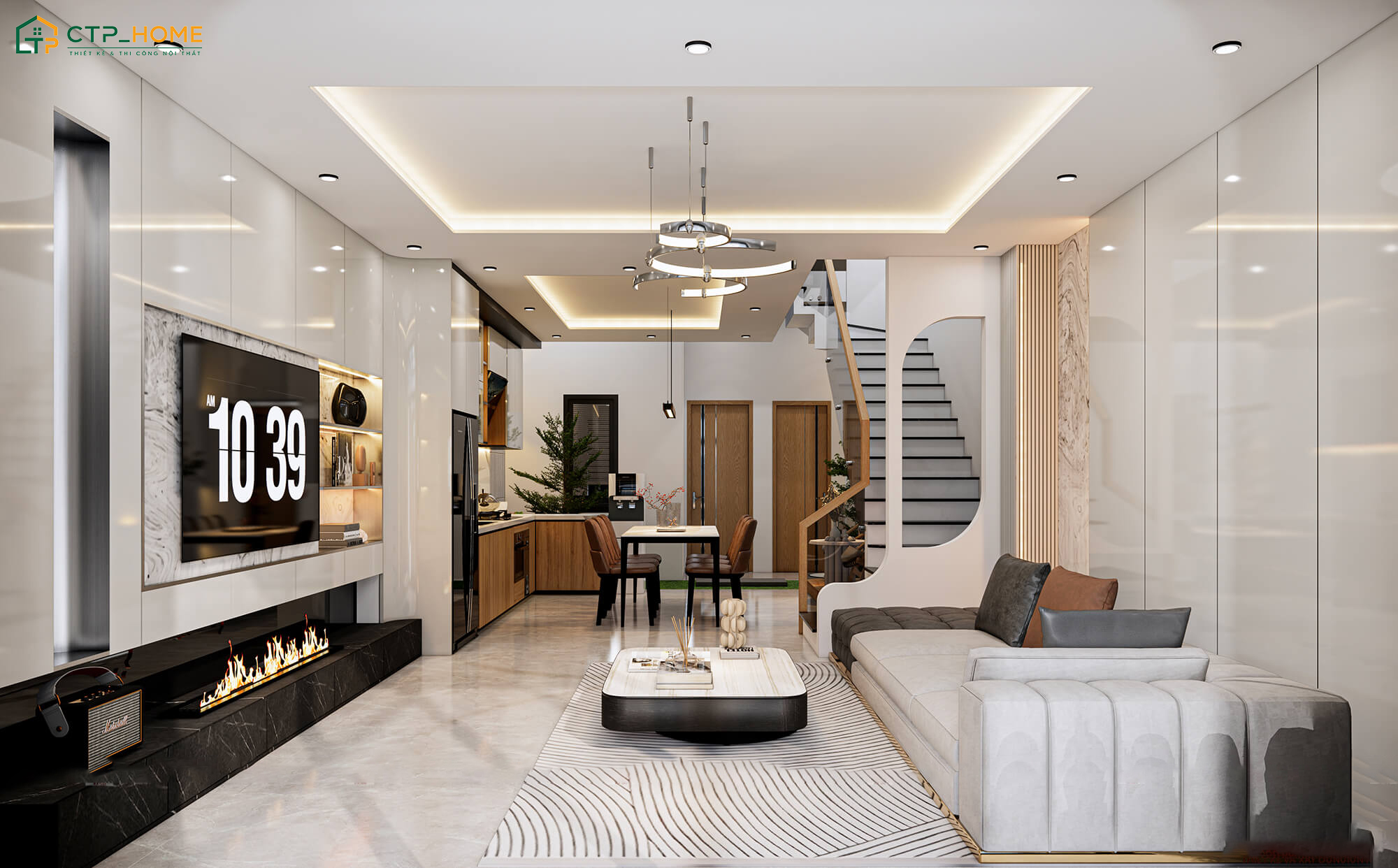 Mẫu thiết kế nội thất phòng khách nhà ống 5m có cầu thang Luxury với đầy đủ công năng cần thiết