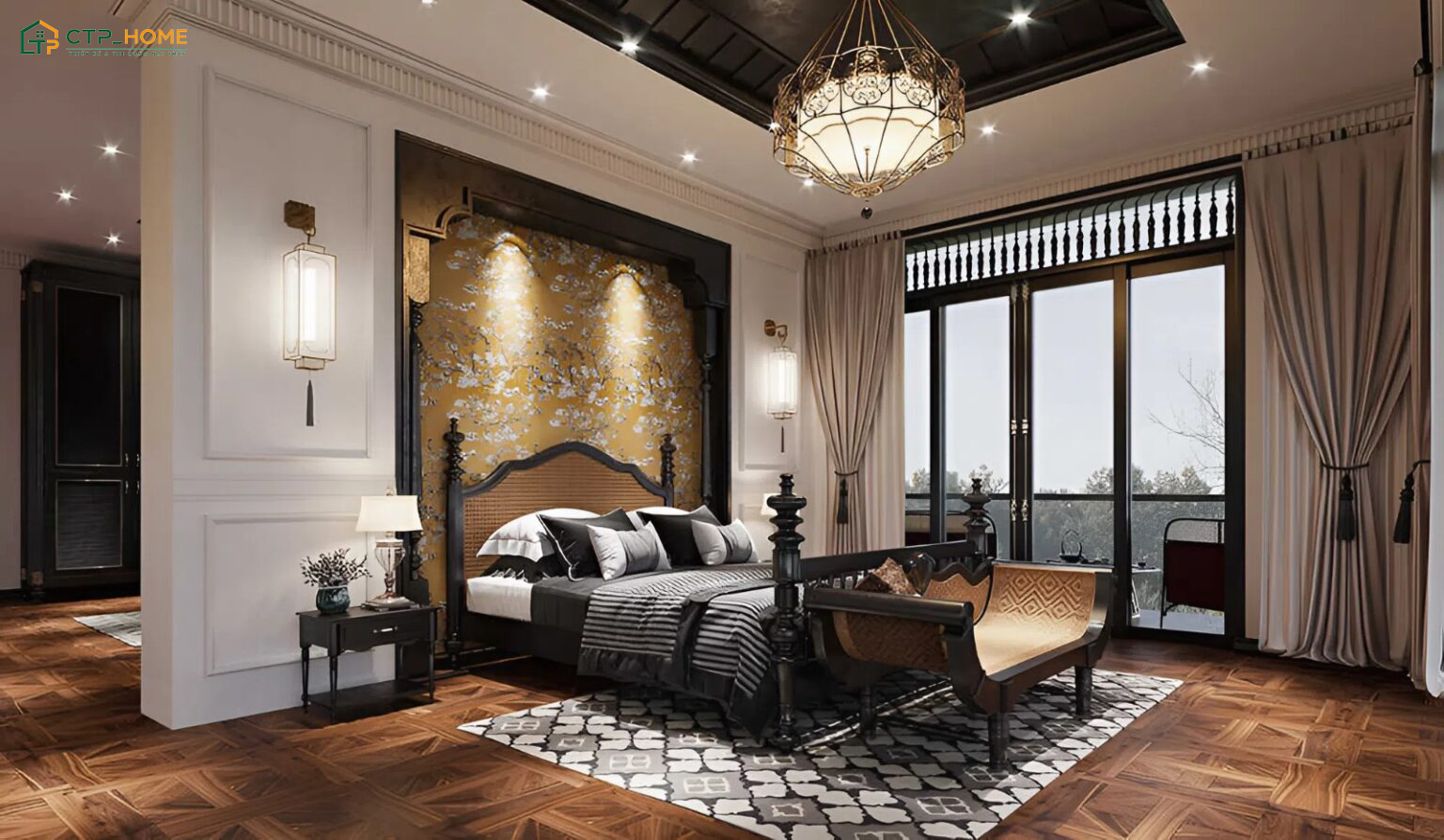 Sử dụng rèm cửa hai lớp hoặc rèm cuốn để đảm bảo sự riêng tư cho phòng ngủ nhỏ có ban công