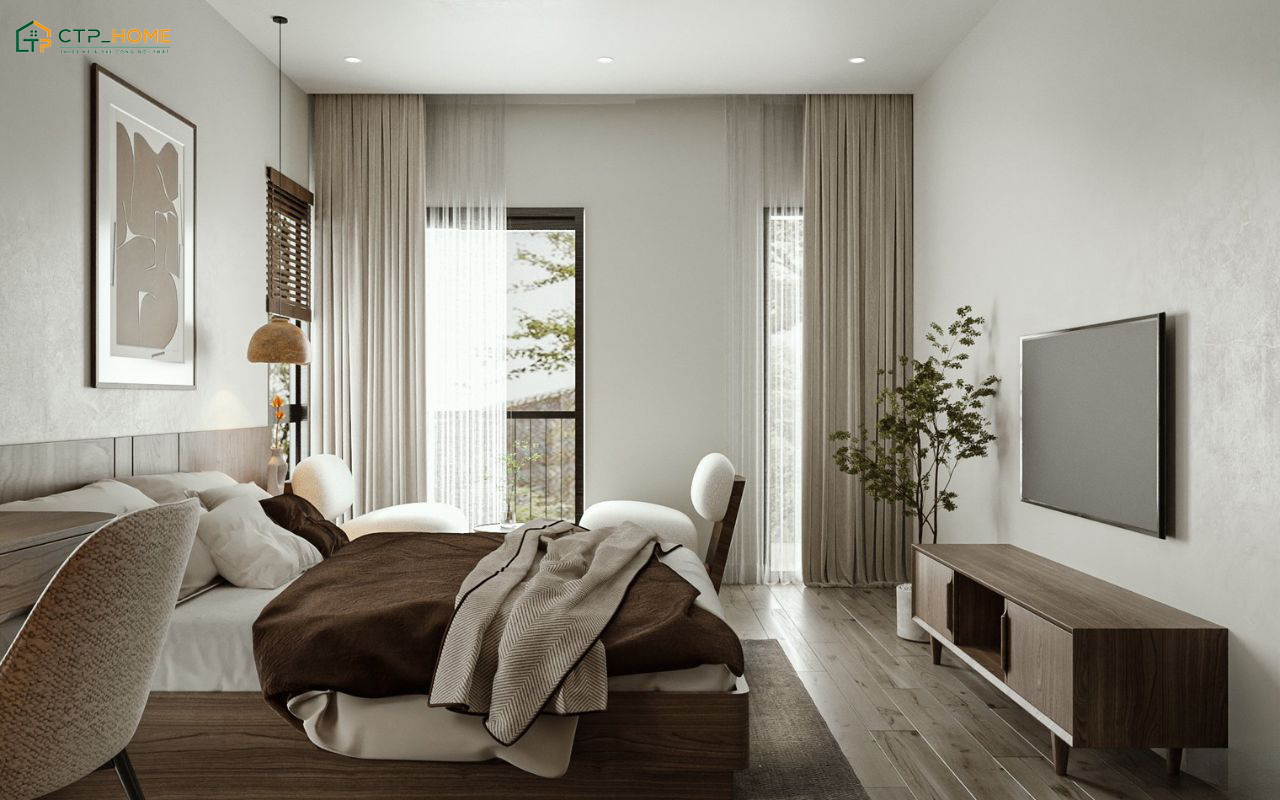 Mẫu thiết kế nội thất phòng ngủ có ban công kết hợp bàn làm việc và bàn trà sẽ mang đến sự tiện nhi