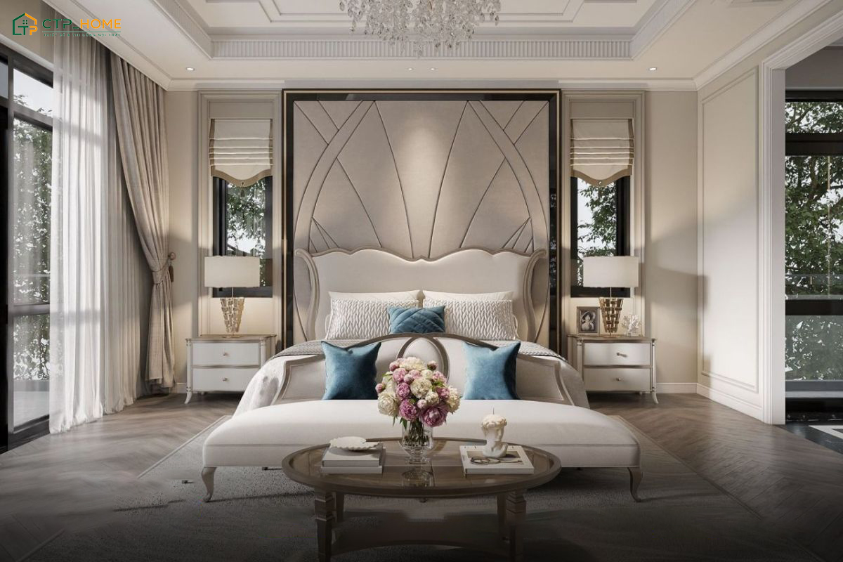 Mẫu decor phòng ngủ có ban công đẹp với rèm cửa hai lớp giúp điều chỉnh lượng ánh sáng linh hoạt