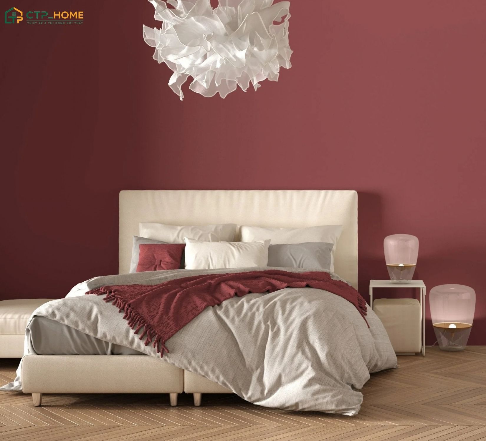 Gam màu đỏ Pastel nên được bố trí ở những vị trí như tường đầu giường, chăn ga hoặc tủ quần áo