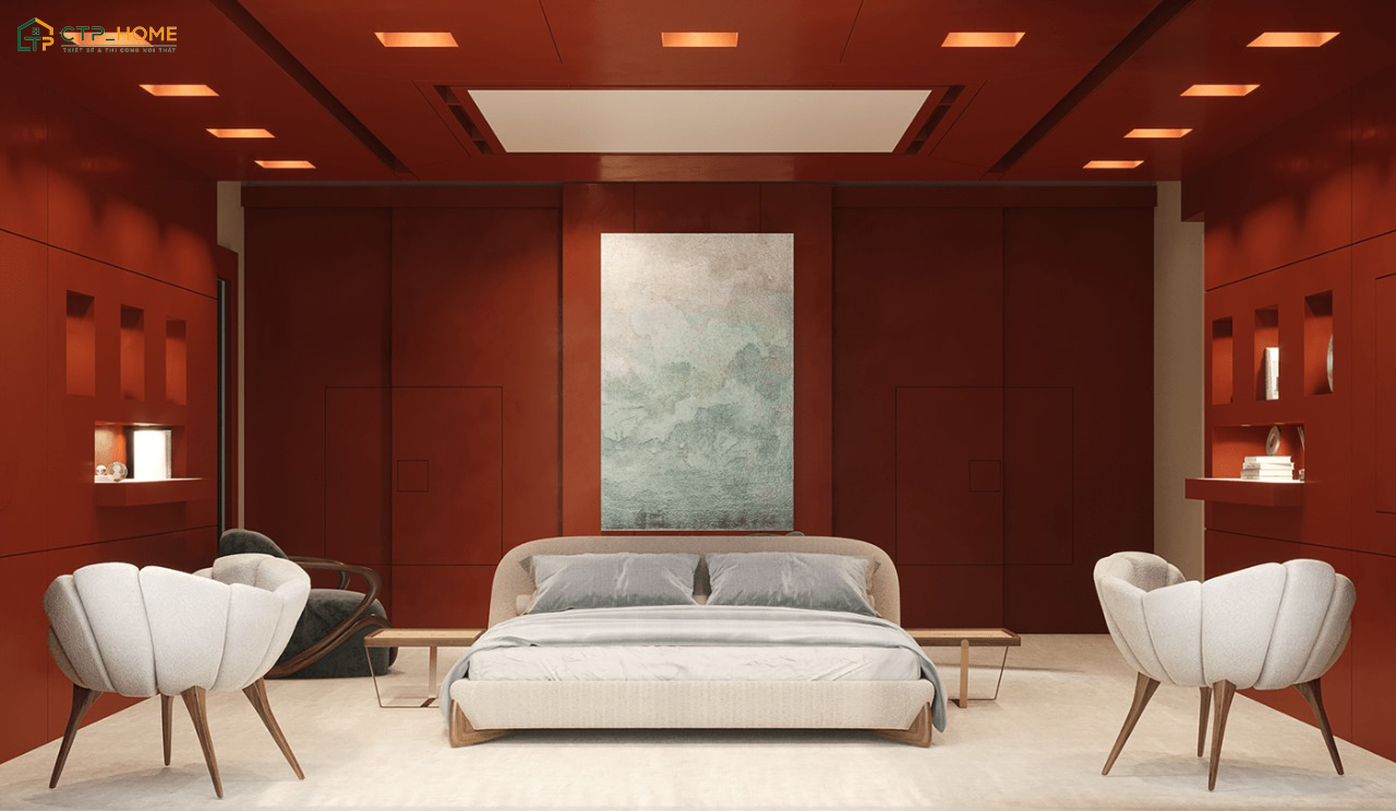 Gia chủ có thể trang trí phòng ngủ màu đỏ bằng giấy dán tượng để tiết kiệm chi phí đầu tư
