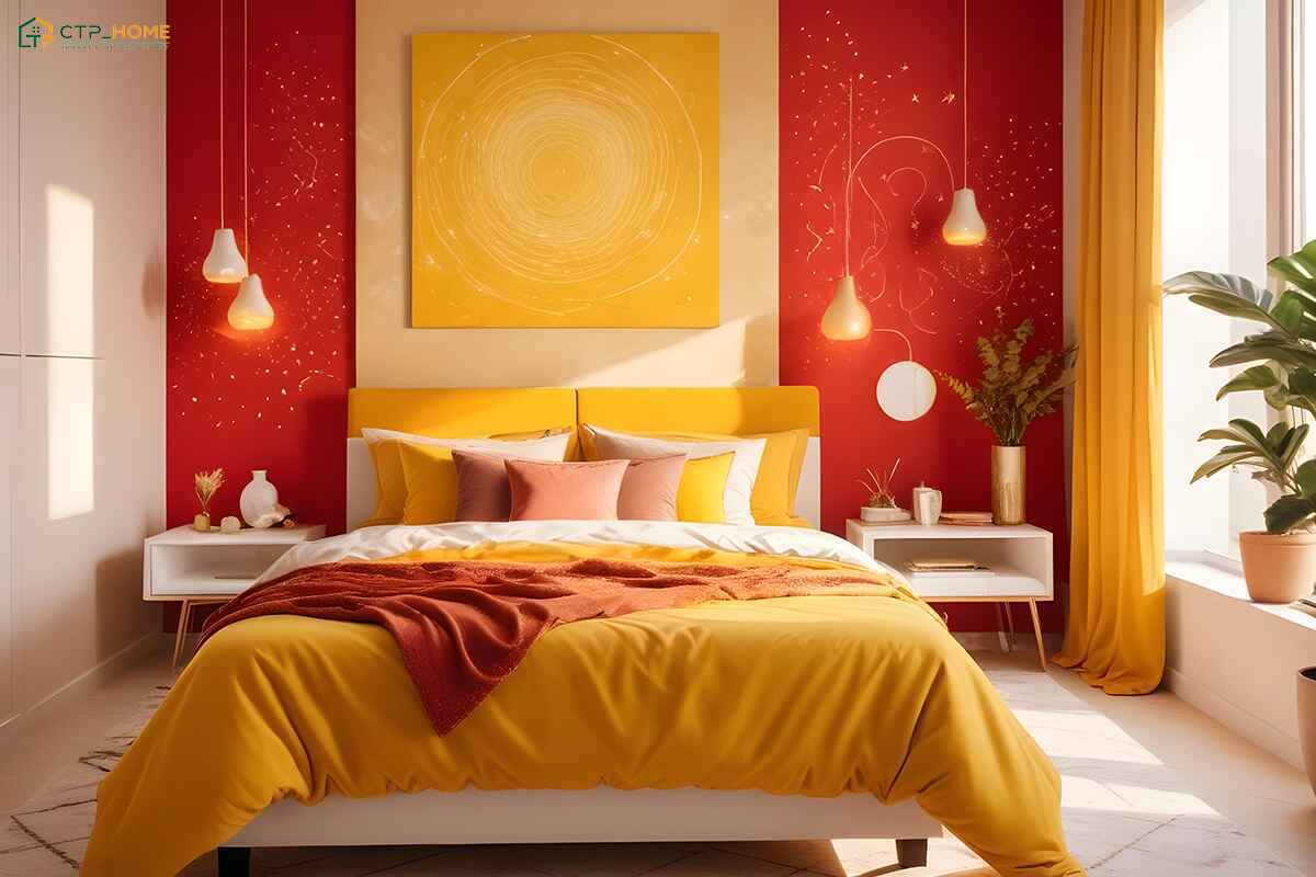 Nội thất phòng ngủ tone màu đỏ kết hợp vàng với cách bố trí đơn giản giúp đem lại sự thoải mái