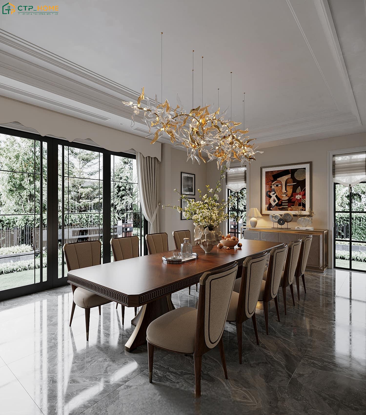 Mẫu thiết kế nội thất biệt thự sân vườn tân cổ điển sẽ sử dụng hệ đèn chùm pha lê để tạo nét đẹp quý phái