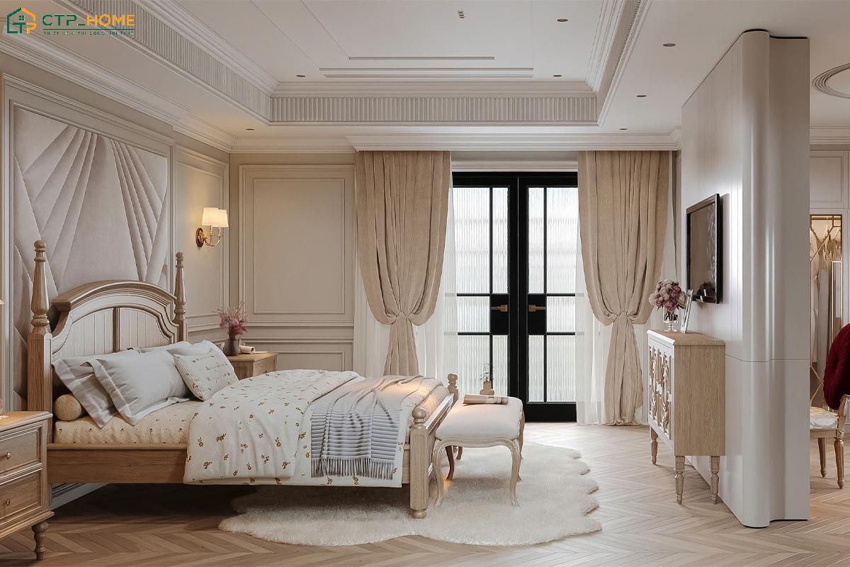 Phòng ngủ biệt thự nhà vườn tân cổ điển sẽ tận dụng ánh sáng tự nhiên qua cửa sổ để tạo cảm giác dễ chịu