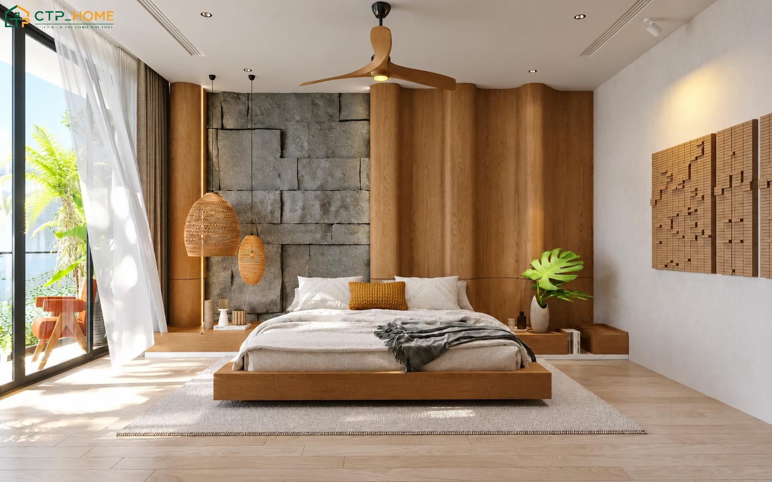 Mẫu phòng ngủ biệt thự nhà vườn kiểu Nhật gây ấn tượng với nội thất thấp, vật liệu tự nhiên và hệ cửa kính lớn