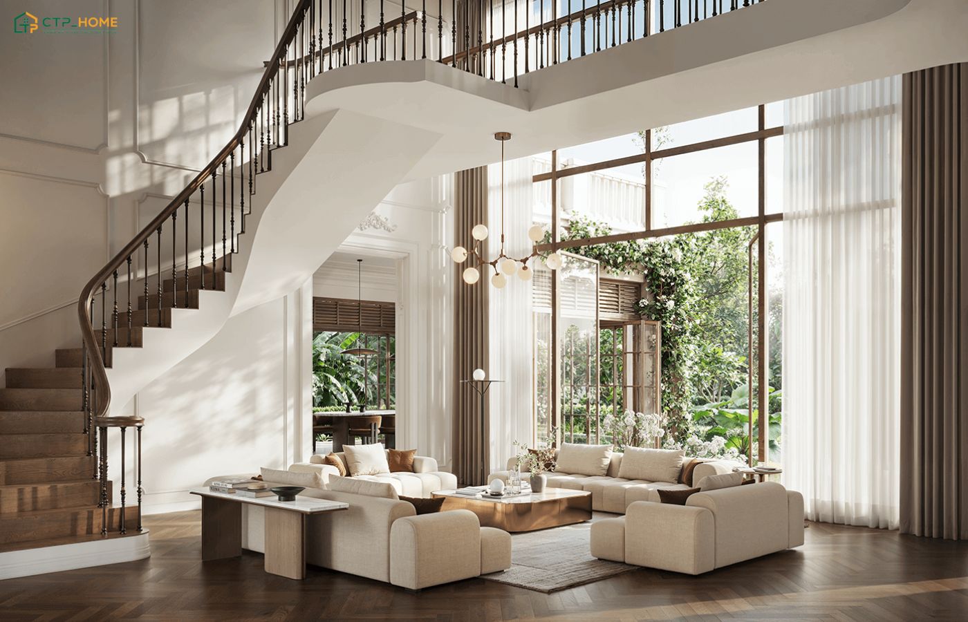 Nội thất gỗ tự nhiên kết hợp với vách đá và cửa kính lớn giúp tạo nên một không gian sống thoải mái và ấm cúng