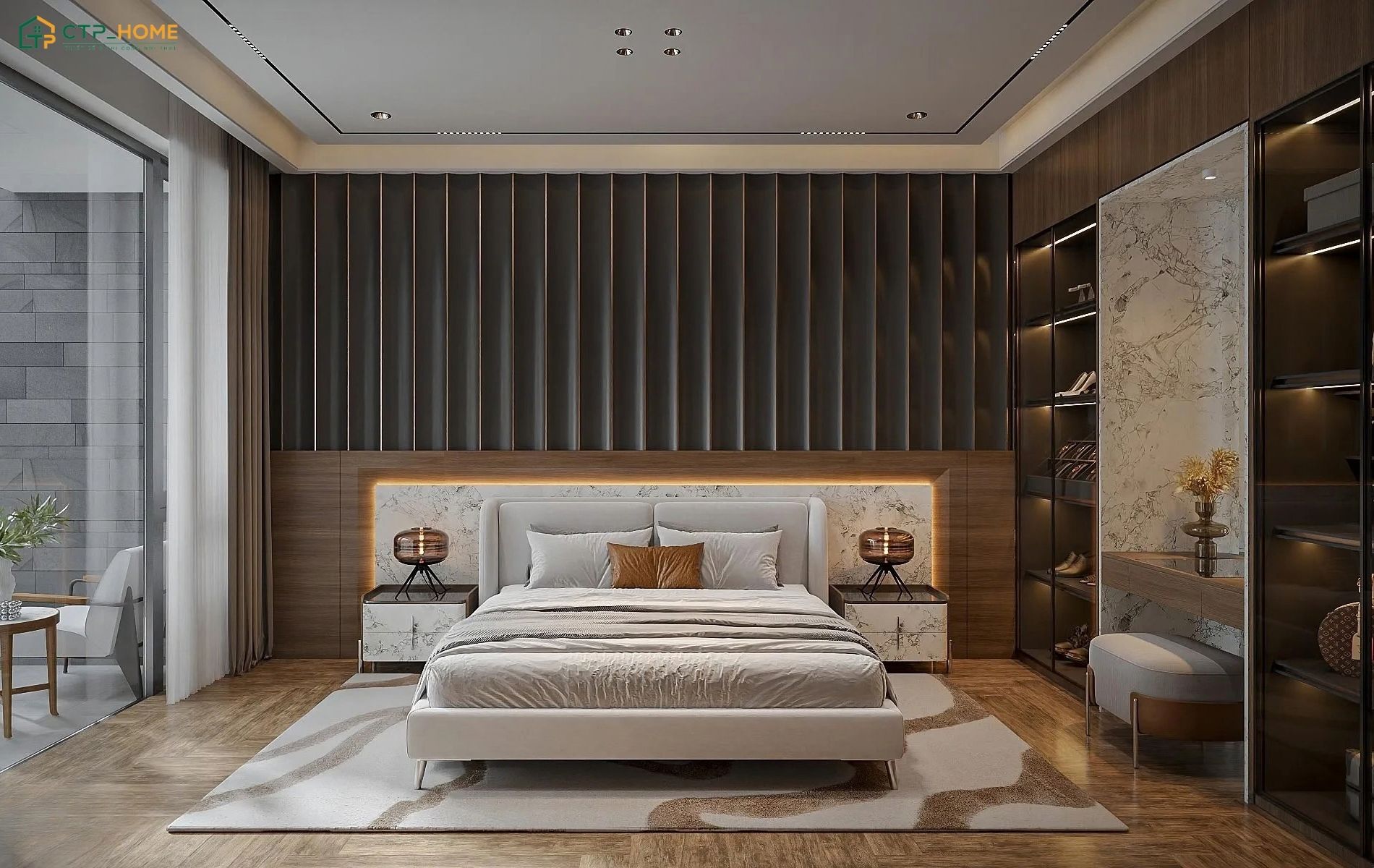 Phòng ngủ biệt thự nhà vườn hiện đại được bố trí cửa kính lớn hướng ra khu vườn và cảnh quan bên ngoài