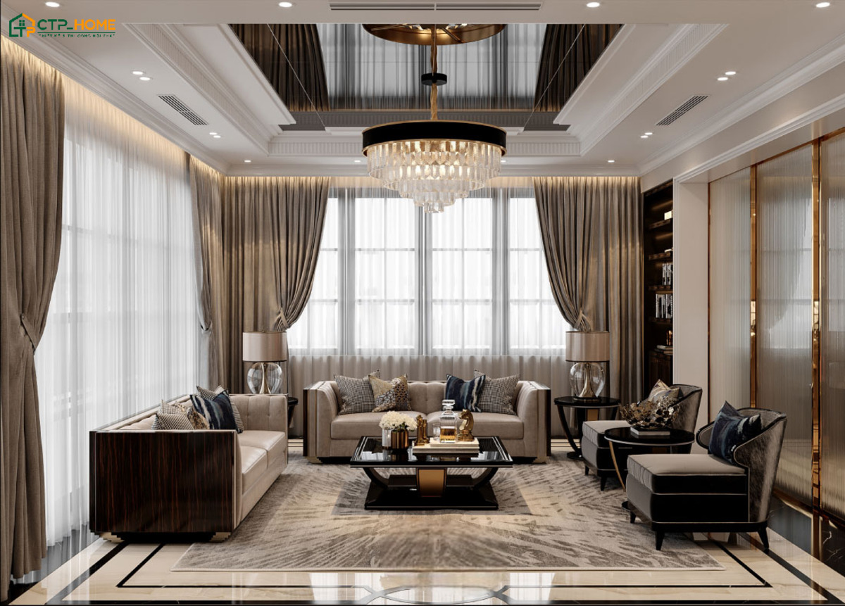 Sự kết hợp giữa nội thất cao cấp và màu sắc tinh tế sẽ mang đến một căn phòng khách 20m2 sang trọng