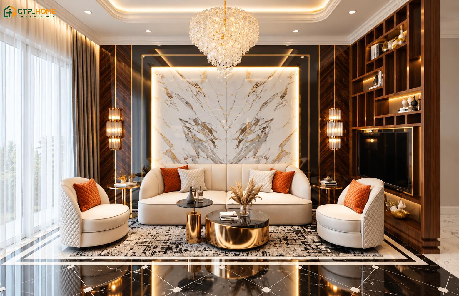 Mẫu thiết kế nội thất phòng khách 20m2 tân cổ điển nổi bật với các món đồ nội thất mang vẻ đẹp thanh lịch