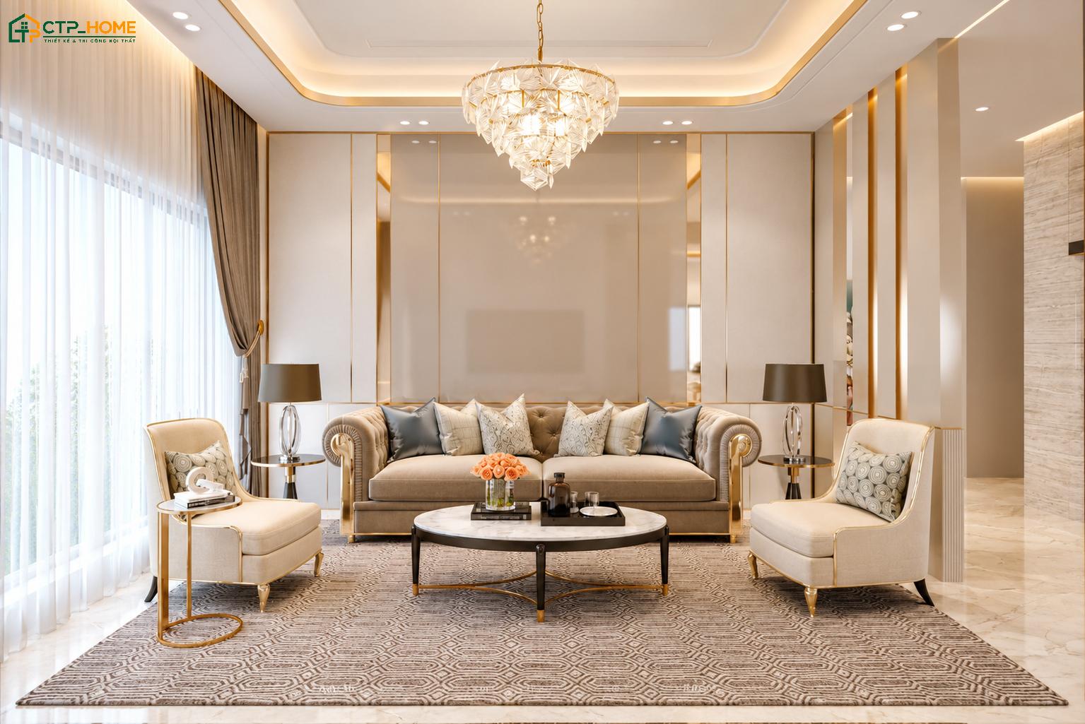 Mẫu phòng khách 20m2 tân cổ điển thường sử dụng bộ sofa có đường cong mềm mại để tạo điểm nhấn