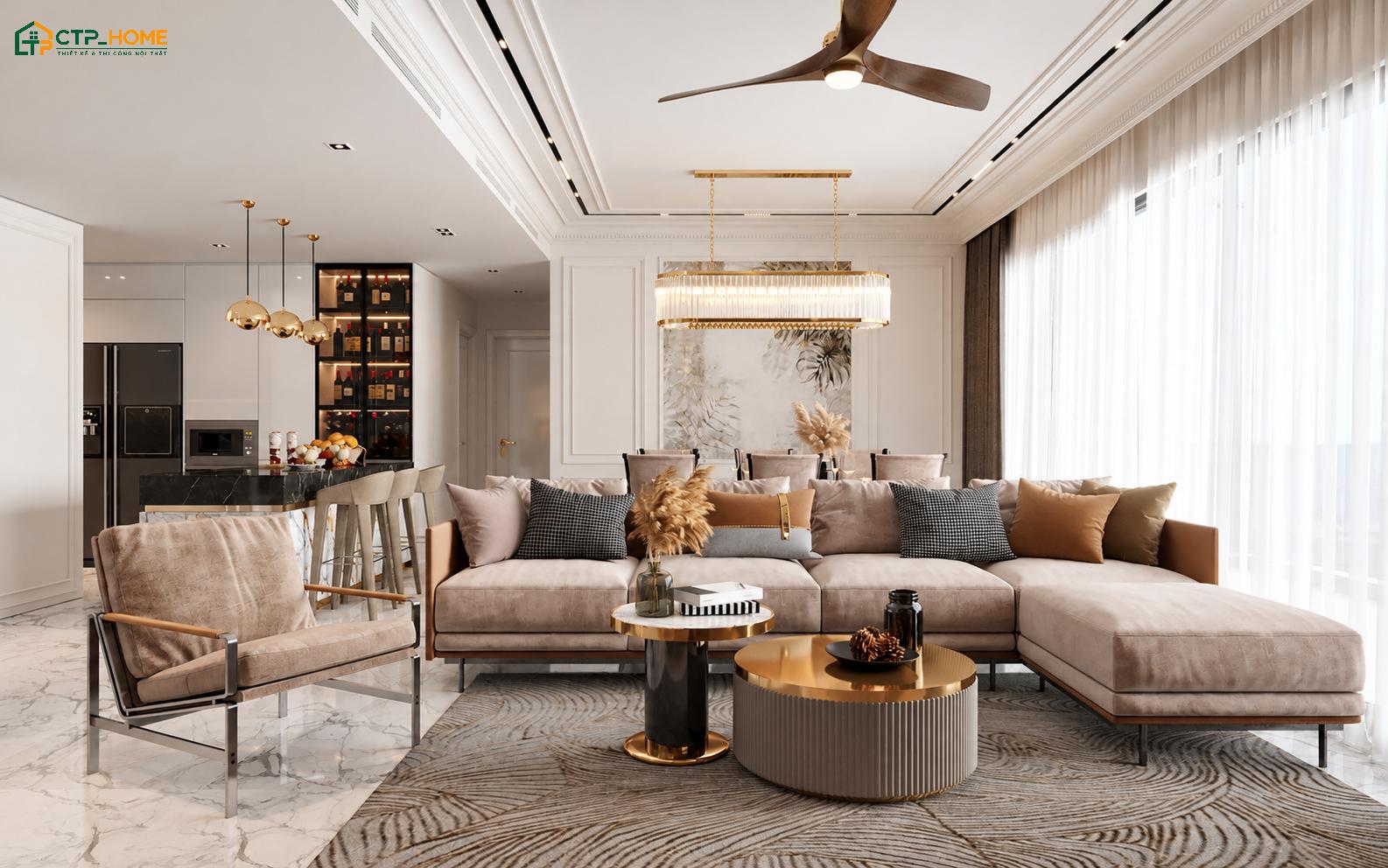 Mẫu thiết kế phòng khách 20m2 tân cổ điển sẽ ưu tiên các gam màu trang nhã để tôn lên vẻ đẹp tinh tế