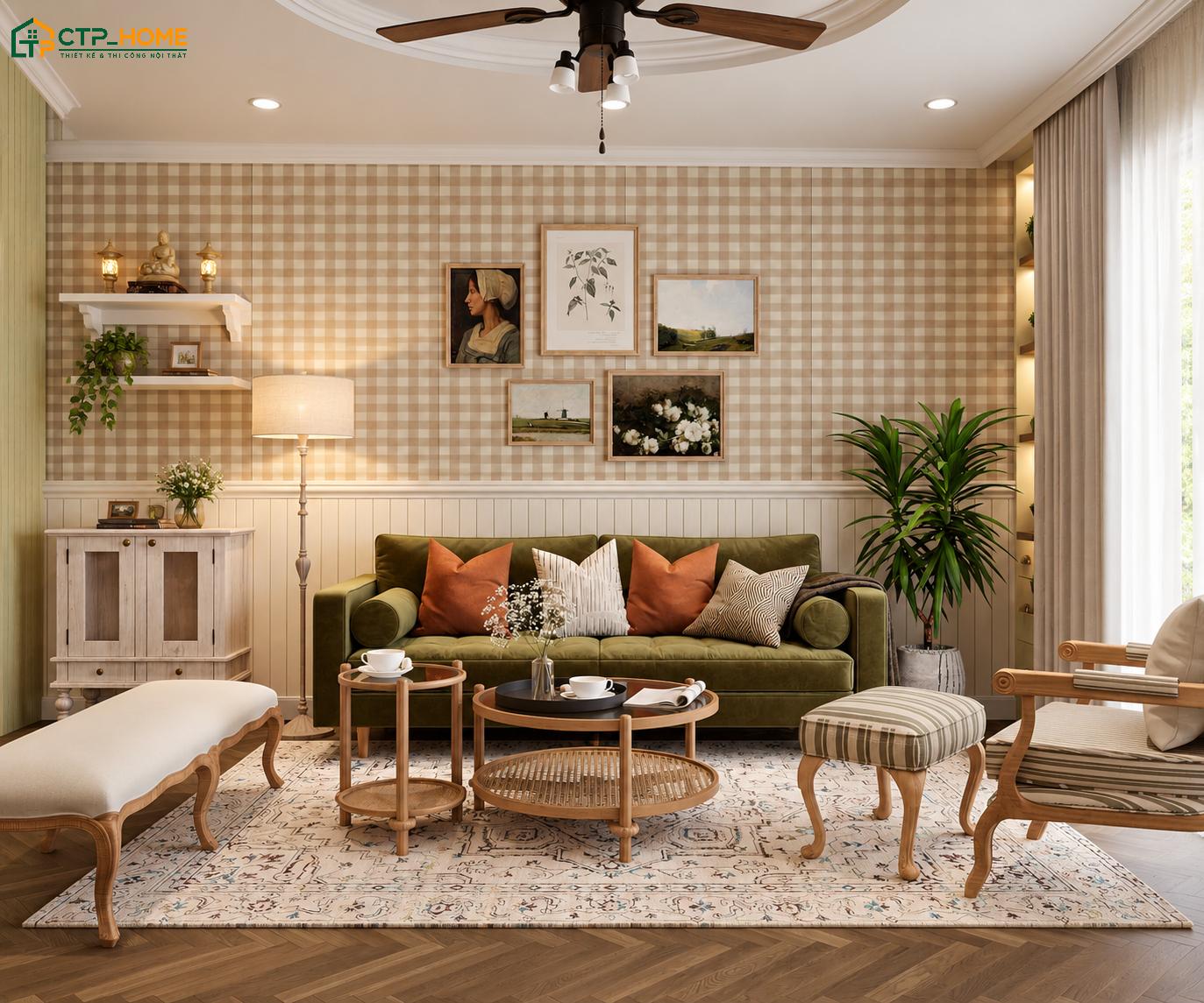 Sofa bọc vải kết hợp tranh treo tường nghệ thuật sẽ tạo nên một không gian phòng khách Vintage gần gũi