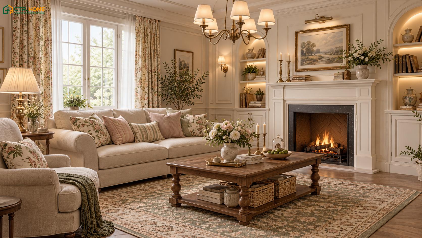 Mẫu trang trí phòng khách 20m2 Vintage thường tập chung vào các món đồ decor mang kiểu dáng xưa cũ